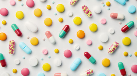 Colorful pills and tablets on white background top view flat lay 3d view medical healthcare conceptの素材