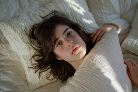 Young woman laying in bed with pillows on top of her head and looking at the camera in a cozy bedroom settingの素材