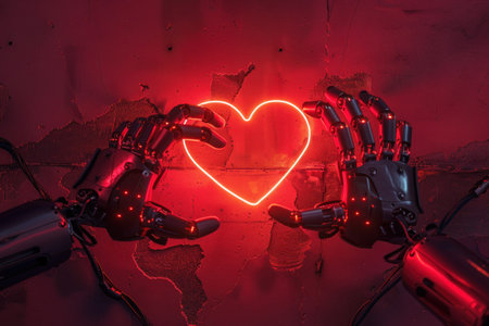 Robot hands holding up a red heart in front of a vibrant red background symbolizing love and connectionの素材
