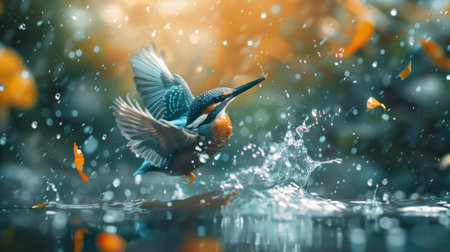 Kingfisher flying through the water with spread wings in beautiful nature scene of wilderness nature reserveの素材