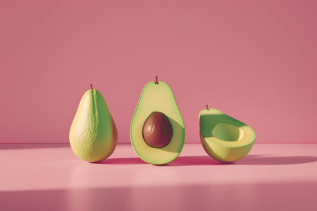 Vibrant avocado trio on pink surface with sliced halves for healthy eating and beauty care conceptの素材