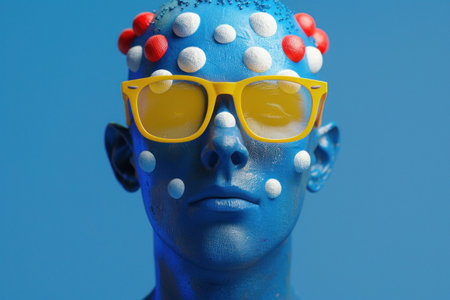 Colorful face painting man with blue and yellow face paint and bright yellow glasses on headの素材