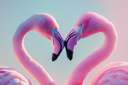 Romantic flamingos forming heart shape in front of blue sky for travel and nature conceptの素材