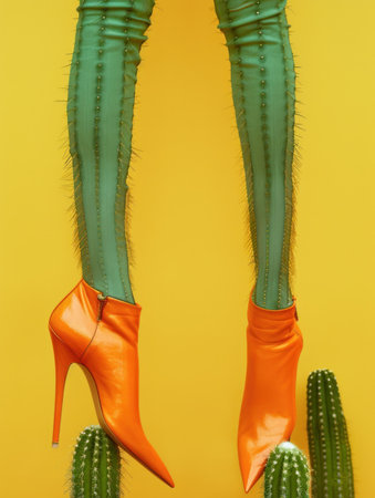 Adventure woman in stylish outfit standing on cactus plant in desert landscape travel backgroundの素材