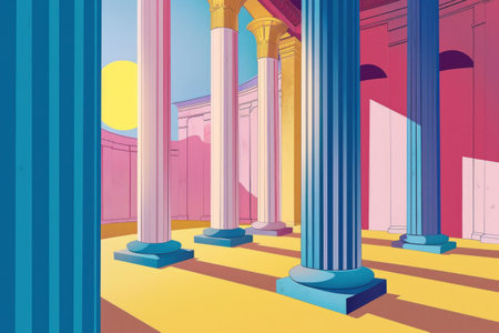 Colorful painting of columns in front of a building with sun in background exploration of architectural beauty and artistic representationの素材
