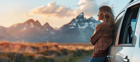 Woman looking out car window at mountains background sunset travel adventure beauty journey exploration nature scenery trip reflection serenity sunset driveの素材