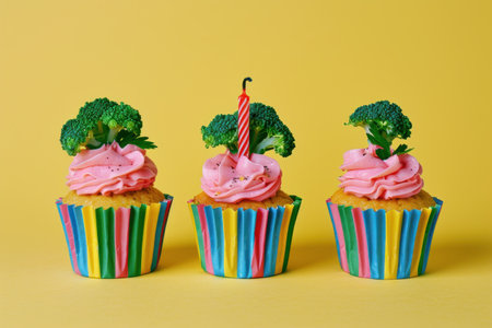 Celebratory cupcakes with broccoli toppings and candle for unique party desserts or healthconscious snack conceptの素材