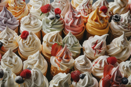 Variety of delicious ice cream treats with fresh fruit and toppings in waffle conesの素材
