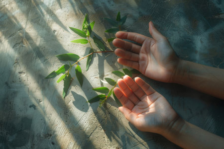 Sunlit touch hands reaching out to touch leaf on concrete surface with light streaming throughの素材