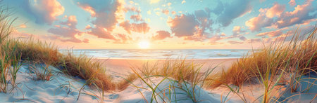 Scenic sunset over ocean and sand dunes with beautiful colors and serenity, travel and relaxation conceptの素材
