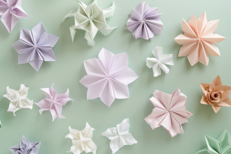 Colorful origami flowers arranged in a circle on light green background for art and beauty themeの素材