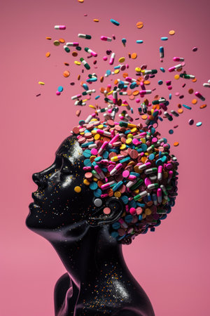 Colorful pills exploding from womans head in a medical and artistic representation of mental health and wellness conceptの素材