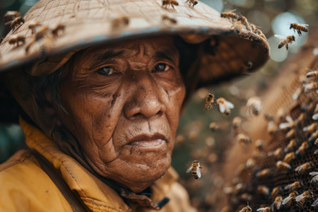 Woman enjoying a serene moment surrounded by bees in a beautiful field of flowersの素材