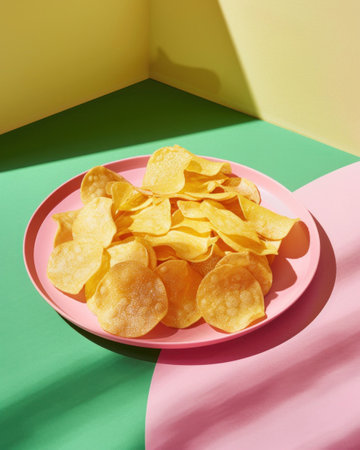 Delicious potato chips on pink plate with green and yellow background for snack or party conceptの素材