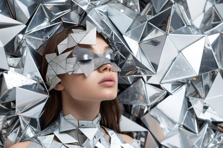 Silver masked woman standing in front of wall decorated with silver triangles and geometric shapes for fashion and beauty conceptの素材