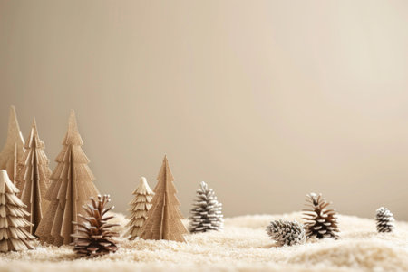 Winter wonderland paper christmas trees and pine cones on snow covered ground with copy spaceの素材