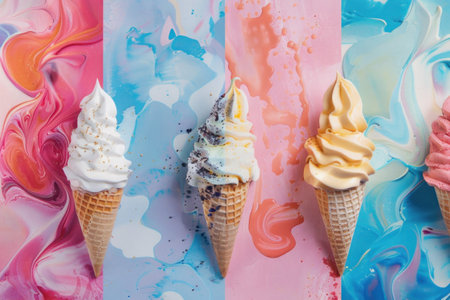 Colorful ice cream in waffle cones on a vibrant background, delicious summer treats for happy momentsの素材