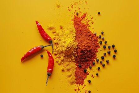 Colorful spices arranged on a vibrant yellow background with red chili peppers and various powdersの素材