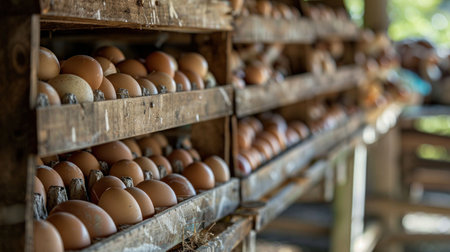 Fresh brown eggs arranged in wooden crates on rustic shelves in a farm settingの素材
