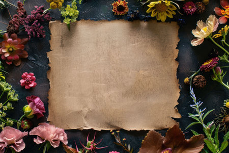 Vintage parchment surrounded by vibrant flowers on a dark background, creating a natural and artistic frame for textの素材
