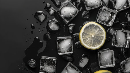 Fresh lemon slices and ice cubes on a dark surface with droplets of water, creating a refreshing and cool atmosphereの素材