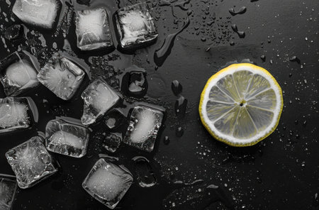 Fresh lemon slice and ice cubes on a dark background with water dropletsの素材