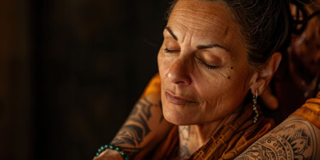 A serene elderly woman with tattoos, eyes closed, deep in thought Warm lighting enhances the peaceful atmosphere Rich brown tones create depthの素材
