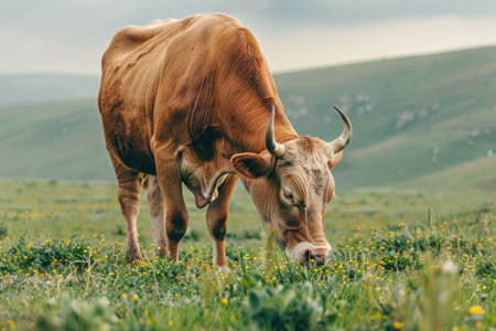 A brown cow grazing in a lush green meadow under cloudy skiesの素材