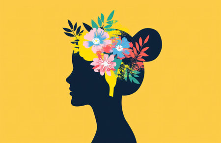 Silhouette of a woman s profile adorned with colorful flowers and leaves against a yellow backgroundの素材