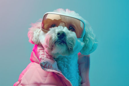 Dog dressed in a pink jacket and sunglasses against a colorful backgroundの素材