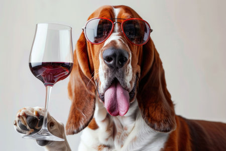 A stylish dog wearing sunglasses holds a glass of red wine, showcasing a playful and humorous scene The background is simple and neutralの素材