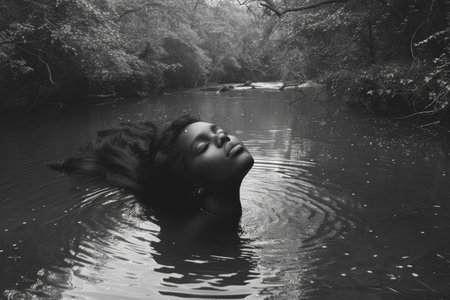 A serene portrait of a woman partially submerged in a tranquil river, surrounded by lush greenery, conveying peace and elegance in black and whiteの素材