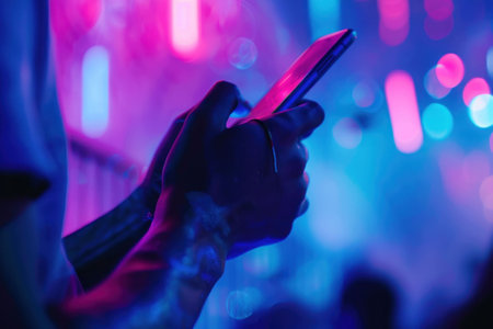 A close up of a person s hand holding a smartphone in a vibrant, colorful environment with neon pink and blue lightsの素材