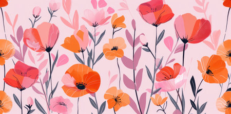 Colorful floral pattern on a pink background featuring various blooming flowers with vibrant petalsの素材