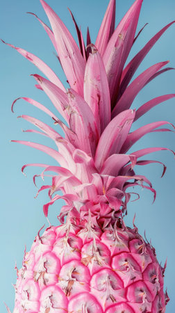 Pink pineapple against a light blue background showcasing vibrant colors and unique textures A playful twist on a tropical fruit conceptの素材
