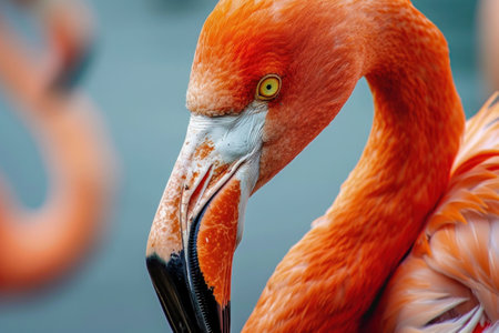 Close up of a vibrant orange flamingo with intricate feather details against a blurred greenish backgroundの素材