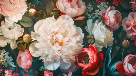 Beautiful floral pattern featuring peonies and roses in vibrant colors on a dark green backgroundの素材