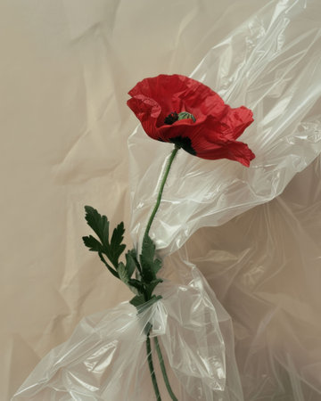 A vibrant red poppy flower partially wrapped in translucent plastic against a soft beige backgroundの素材