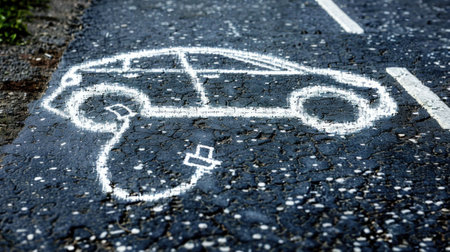 Chalk drawing of an electric car on a textured asphalt surface with a charging cableの素材