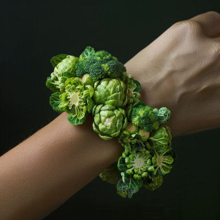 Creative bracelet made of various green vegetables on a hand, showcasing a playful and eco friendly fashion conceptの素材
