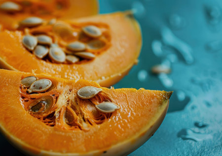 Fresh slices of ripe pumpkin with seeds on a teal background, highlighting their vibrant orange color and textureの素材