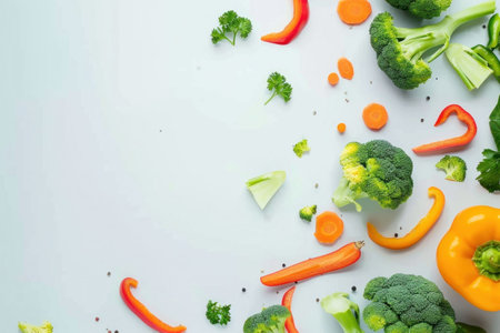Fresh vegetables scattered on a light background with a mix of colors and textures, showcasing healthy eating and natural ingredientsの素材