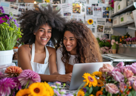 Two women smiling while working together in a flower shop surrounded by colorful bloomsの素材