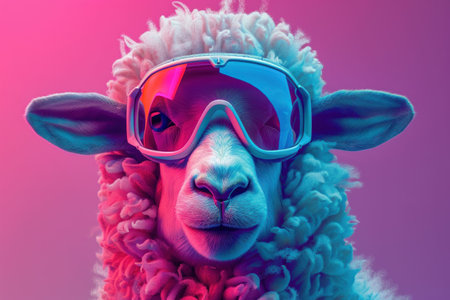 A sheep wearing colorful sunglasses against a vibrant pink and blue gradient backgroundの素材