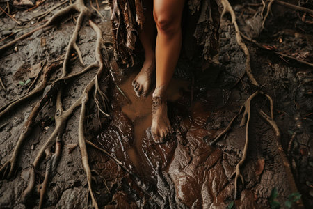 A person standing barefoot in muddy soil surrounded by tree roots in a natural environmentの素材