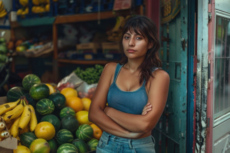 Young woman standing confidently in a fruit market, with colorful produce in the background She has long hair and wears a casual outfitの素材