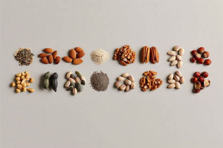 Assorted nuts and seeds arranged in rows on a light gray background, showcasing various textures and colors, perfect for healthy eating themesの素材