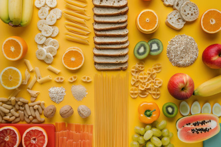 Colorful arrangement of various healthy foods on a bright yellow backgroundの素材