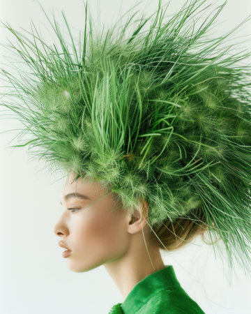 Woman with vibrant green hair made of grass and foliage, showcasing an artistic hairstyle against a light neutral backgroundの素材