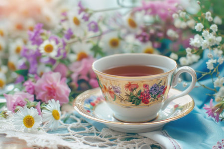 A delicate teacup filled with aromatic tea, surrounded by colorful flowers on a soft, bright background Charming vintage designの素材